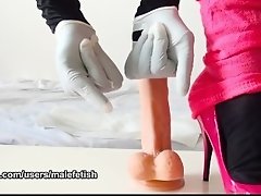 White latex gloves handjob for big white dick dildo by MaleFetish