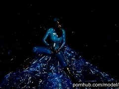 'Heavy rubber goddess with big tits in transparent blue latex catsuit and mask masturbates - part 3'