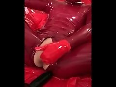 Latex teen solo plays with ass and pussy, butt plug inflatable toys